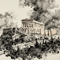 Greek acropolis, ink painting, Qibai stone style