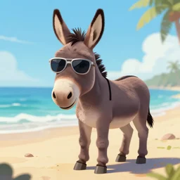 A donkey wearing cool sunglasses at the beach, digital art, in the style of Butcher Billy, artstation