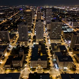 Birds eye view of a tampa florida at night, beaches, rectangular city grid with narrow streets, tall brutalist architecture buildings, city lights spilling upwards above the top of the buildings,