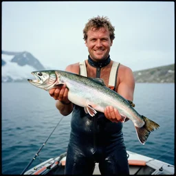 7 0 s movie still of thierry baudet in speedo, proudly holding a salmon on a fishing trip in siberia. cinestill 8 0 0 t _ 3 5 mm eastmancolor, heavy grain, high quality, high detail