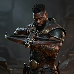 an dark epic fantasy comic book style portrait painting of the nuban a dark skinned man wielding a crossbow, being a reference to his inky - black skin. from the prince of thorns by mark lawrence, unreal 5, daz, hyperrealistic, octane render, cosplay, rpg portrait, dynamic lighting