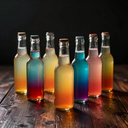 seven colored rainbow potion bottles on a dark oak table. dramatic lighting.