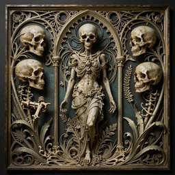 hyperdetailed realistic memento mori by cameron gray, gothic ornament, skulls, bones, art nouveau, neogothic, ornate art nouveau botanicals, horizontal symmetry