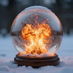 giant firery explosion inside a snow globe, award winning photo, depth of field, dramatic