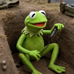 Kermit the frog in a WW1 trench.