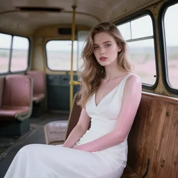 cinestill 5 0 d wide photo portrait of a beautiful woman by roversi sitting in a dystopian abandoned bus on a wood, wearing white dress, elegant, highly detailed, pale pink tonal glossy, soft blur, artstation, sharp focus, head in focus,