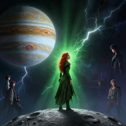 a highly detailed matte painting of emma watson as a red haired witch, standing on the moon titan and looking at jupiter, viewed in profile, crackling green lightning, ultrawide lens, art by dan mumford, yusuke murata, makoto shinkai, ross tran, cosmic, heavenly, god rays, intricate detail, volumetric lighting, octane render, 4 k resolution, trending on artstation, masterpiece