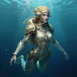 A full portrait of a beautiful post apocalyptic deep sea diver, intricate, elegant, highly detailed, digital painting, artstation, concept art, smooth, sharp focus, illustration, art by Krenz Cushart and Artem Demura and alphonse mucha