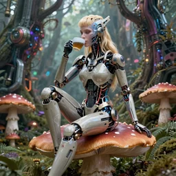 photo of an intricate and sophisticated terminator woman with borg enhancements, blonde hair, plastic mask, sitting on a giant mushroom in a weird magical mechanical forest and drinking a cup of tea. Very detailed 8k. Fantasy cyberpunk horror. Sharp. Unreal 5 render with nanite, global illumination and path tracing. Cinematic post-processing