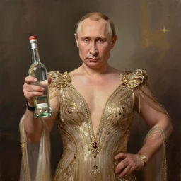 vladimir putin wearing a sexy dress and holding a bottle of arak, cinematic, beautiful digital painting, hyper detailed