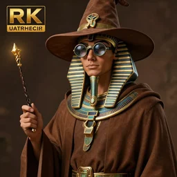 an anthropomorphic beautiful male egyptian wizard portrait holding magic wand wearing brown hoodie robe, binoculars glasses, wizard hat, fine art, award winning, brown colour scheme, intricate, elegant, sharp focus, unreal engine, metahuman, octane render, hyperrealistic, wizard hat cinematic lighting, highly detailed, digital painting, 8 k concept art, art by jamie hewlett and z. w. gu, masterpiece, trending on artstation, 8 k