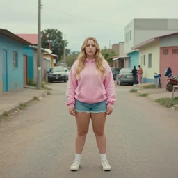 still from music video of emma roberts from die antwoord standing in a township street, wearing a hoodie, street clothes, full figure portrait painting by martine johanna, ilya kuvshinov, njideka akunyili crosby, pastel color palette, 3 5 mm lens