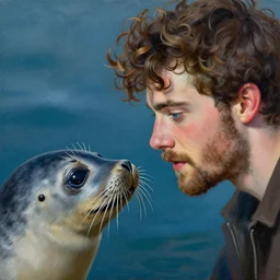 a young beautiful man and a seal staring at each other intently. the man has brown curly luscious hair, high cheek bones, brown beard, small nose, blue eyes. the seal is grey. oil on canvas by annie lebowitz. romantic. extremely detailed. vibrant colours