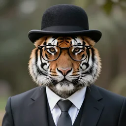 high quality portrait photo of a !mature tiger! dressed in a business suit and tie, bowler hat, !!stylish spectacles!!, !Anthropomorphic!, photography 4k, f1.8 bokeh, 4k, 85mm lens, sharp eyes, looking at camera