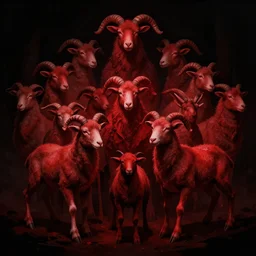 congregation of lamb man digital art, human lamb hybrids, deep crimson and dark shadows, black background, ambient glow, lamb cult