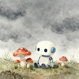 a cute little robot sitting on the ground under mushrooms, hiding from the rain. gray sky, rain clouds, heavy rain. watercolor painting by jean - baptiste monge, muted colors