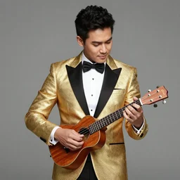 prawit wongsuwan in gold tuxedo playing ukulele, musician portrait