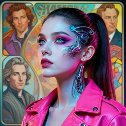 head and shoulders looking up portrait of woman in neon leather jacket, pale skin, piercing eyes, cyberpunk, vibrant color, high detail, intricate, impossible beauty, eye implant bionic, ponytail, masterpiece by craig mullins, ruan jia, peter mohrbacher, krenz cushart, norman rockwell, alphonse mucha