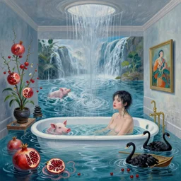 tall female emo artist in her flooded bath, water gushing from ceiling, painting of flood waters inside an artist's bathroom, a river flooding indoors, pomegranates, pigs, ikebana, zen, water, octopus, river, rapids, waterfall, black swans, canoe, berries, acrylic on canvas, surrealist, by magritte and monet