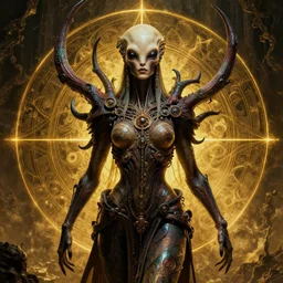 alien goddess, doom, sf, intricate artwork masterpiece, ominous, movie poster, golden ratio, trending on cgsociety, intricate, epic, trending on artstation, by artgerm, h. r. giger and beksinski, highly detailed, vibrant, production cinematic character render, ultra high quality model