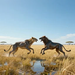 distant cyberpunk wildlife fighting on the african plains, long grass, sparkling water, glistening, clear blue sky, midday sun, harsh light, mirage, hyper realistic, hyper detailed, digital art, trending in artstation, studio quality, photorealistic, photo, by jesper ejsing, wlop, paul lehr
