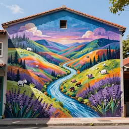 A beautiful street art of of a landscape. It is a stylized and colorful view of an idyllic, dreamlike world with rolling hills, peaceful looking animals, and a flowing river. The scene looks like it could be from another planet, or perhaps a fairy tale. lavender by Marek Okon, by Stuart Immonen fine