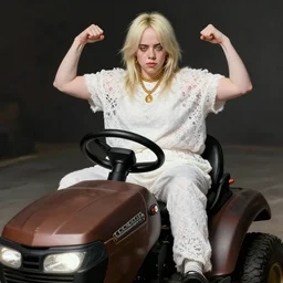 billie eilish, flexing large muscles, driving a ride on lawnmower, white lace clothing, gold accessories, elegant, highly detailed, digital painting, matte, sharp focus, art by artgerm, frank frzetta, boris vallejo, bouguereau, beksinski, cinematic