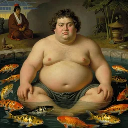 obese man sitting in a pond full of kobe fish, detailed face, by ambrosius benson, by fernando botero, a touch of giuseppe arcimboldo, realistic, renaissance, zoomed out, epic composition, japanese ceremony