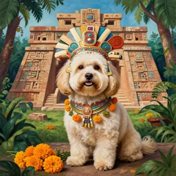 portrait of a cream colored havanese dog dressed as an aztec warrior, aztec temple, jungle, with a bouquet of marigolds, mexico, mural by diego rivera realism aztec modernism 1 9 3 5
