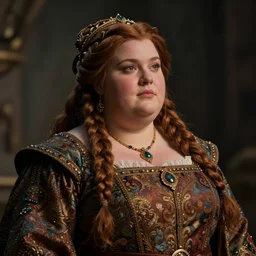 Portrait | chubby female dwarven noblewoman | brocade dress | complex adorned braided hair | style by greg rutkowski, larry elmore, giotto dramatic light | high detail | cinematic lighting | artstation |shorty broad fat woman| relaxed expression | dungeons and dragons |
