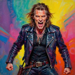 a portrait of willam dafoe as an apocalyptic scifi orcish biker character standing in a dynamic pose and shouting, psychedelic vibrant colors, futuristic punk rock fashion, oil painting by michael whelan art, perfect face, sharp focus, detailed eyes, realistic, leather jacket, 8 k