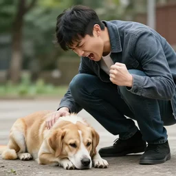a guy yelling to a sad dog, 4K