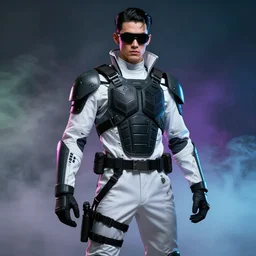 full body and face character design of realistic alt art androgynous agent slick black hair, white shirt kevlar tactical bulletproof armor jacket sunglasses heroic pose smoky neon background artgerm greg rutkowski alphonse mucha trending