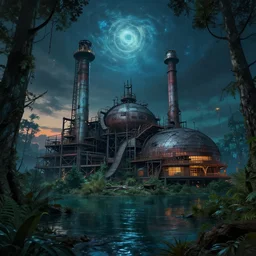 industrial architecture by ludwig mies van der rohe, universe nightsky reclaimed by nature forest water hyperrealism liberty city azeroth at dusk magic realism landscape uv light dramatic lighting vaporwave gem dieselpunk nature cgsociety darkacademia atlantis, archdaily, wallpaper, highly detailed, trending on artstation.