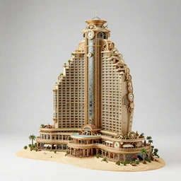 distant photo still of elaborate, complex miniature towering hotel beach resort sculpture by artist takanori aiba, 8 k, highly detailed, clockwork, intricate, studio lighting bright ambient lighting key light, 8 5 mm f 1. 8