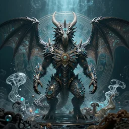 a centered render of an ancient futuristic elden ring dragon with digital modifications surrounded by a underwater ink pour and flowing liquid gallium and complex sacred geometry, perfect body and face, powerful, cinematic, beautifully lit, by john howe, by beeple, by artgerm, by karol bak, 3 d, trending on artstation, octane render, 8 k