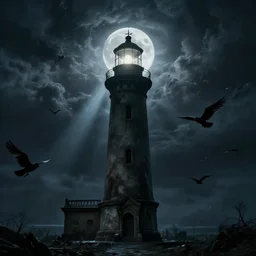 Detailed Exterior Shot of Stormy Nightmare!!! Horror!!! Film Evil Stormy!!! Lighthouse of Alexandria, light of hell, moonlight shafts, flock of birds, moody!!! grim!!! atmosphere, in Style of Peter Mohrbacher, cinematic lighting