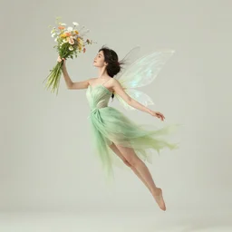 portrait of a beautiful mysterious fairy flying midair, holding a bouquet of flowing flowers, fantasy, regal, intricate, by stanley artgerm lau, greg rutkowski, thomas kinkade, alphonse mucha, loish, norman rockwell