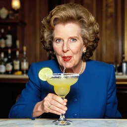 margaret thatcher in a high glass of margarita cocktail, funny
