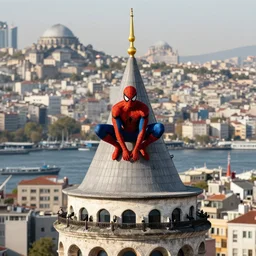 Spider-man on top of the Galata Tower in Istanbul, photorealistic, 4K, 200mm lens