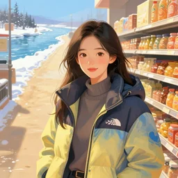 the portrait a beautiful grocery young asia woman in down jacket, with a goosethe background is dust earth road ， river winter an snow, illustration by wenjun lin, irakli nadar, bright colors, octopath traveler, wenjun lin, unreal engine 5 highly rendered, global illumination, radiant light, detailed and intricate environment