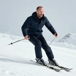 jason statham skiing, full body shot, cinematic lighting, studio quality