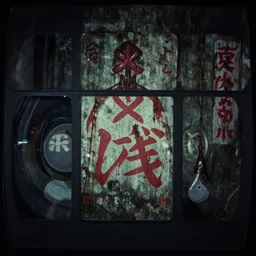 vhs video still of underground horror video, japanese symbols, decay