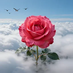 the gigantic rose of the valley above puffy clouds, flock of birds