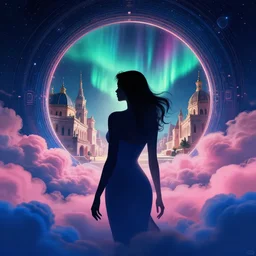silhouette of a sexy woman emerging from pink and royal blue asperitas clouds in cyberpunk theme looking at an opening interstellar portal to renaissance italy, the portal opens to forbidden city during an aurora borealis, intricate, elegant, by greg rutkowski, conrad roset, takato yomamoto, james jean, rule of thirds, seductive look,