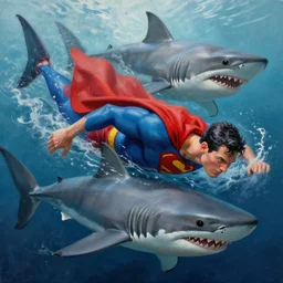 painting, superman in swim suit swimming with sharks, gorgeous, cinematic lighting, greeble, wallpaper, extremely detailed, sharp focus, by greg rutkowski and [ [ [ wlop ] ] ], intricate, beautiful, award winning, trending on artstation, pixiv