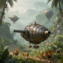 armored hot air flying machines steampunk, with cannons, in a jungle valley, foggy, lions walking, octane render, volumetric, unreal engine, depth of field