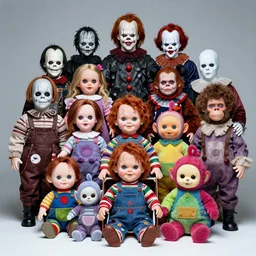 a colorful portrait photograph of divine, with creepy cursed dolls like little miss no name, face bank, fearsome flush, cursed mickey, blippy in the box, jolly chimp, fingertronic howdy doody electronic puppet, skinny bones, cursed teletubbies, trolls, boobahs, chucky, jigsaw, hellraiser, leatherface, michael myers, pazuzu, chatterer, pennywise, pale man, in 1 9 9 0 s, studio light photography, high definition, 8 k, taken by alex webb