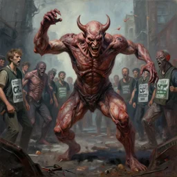 green peace demonstrators but turned into evil meat - lusting demons. photo - realistic satirical painting