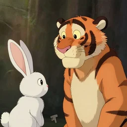 a key shot of Tiger looking at bunny animation at mid-day, medium shot, waist up, studio Ghibli, Pixar and Disney animation, sharp, key art by Greg Rutkowski, dramatic lighting, flat texture